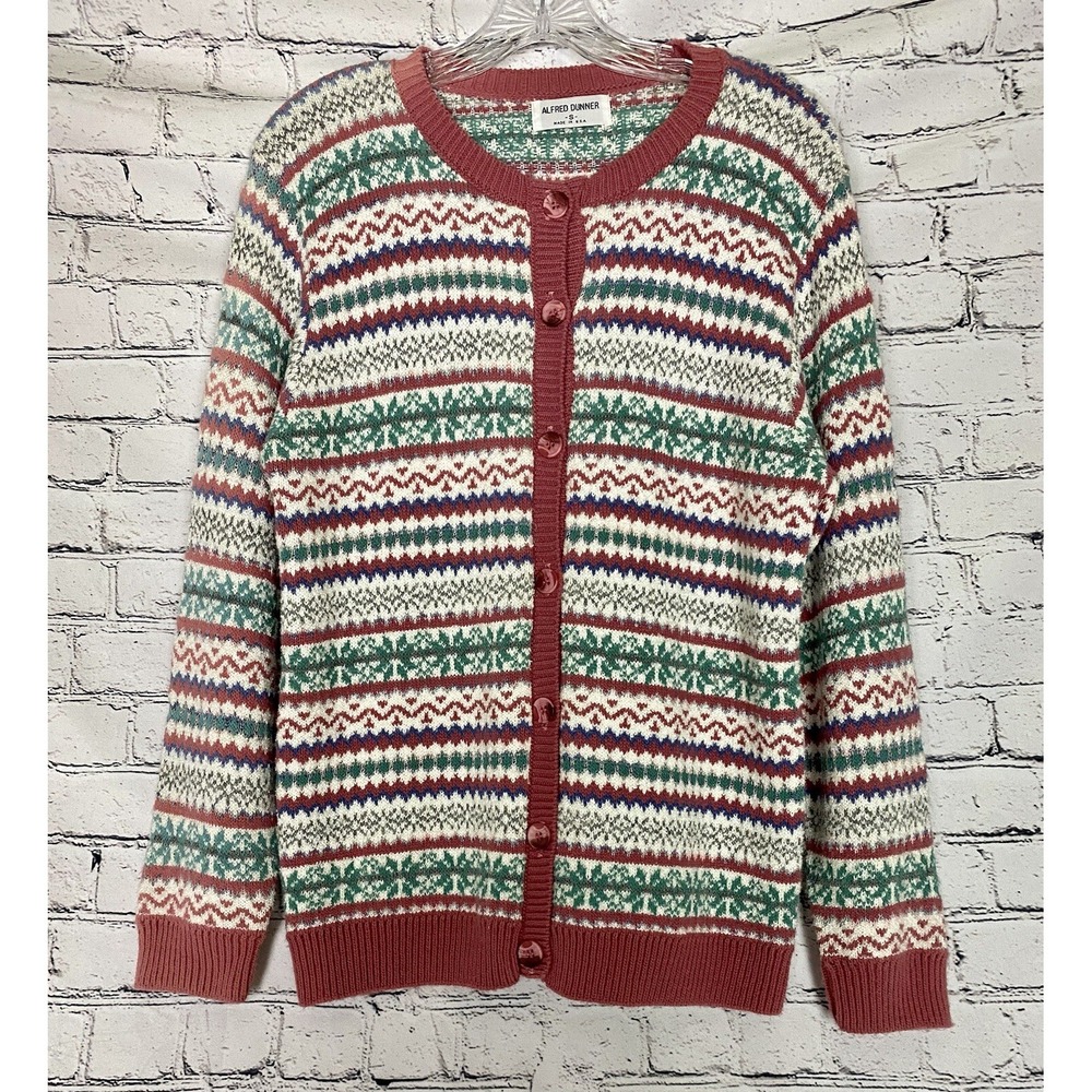 ALFRED DUNNER Small Mauve Multicolor Fair Isle Button Down Cardigan Grandma Core